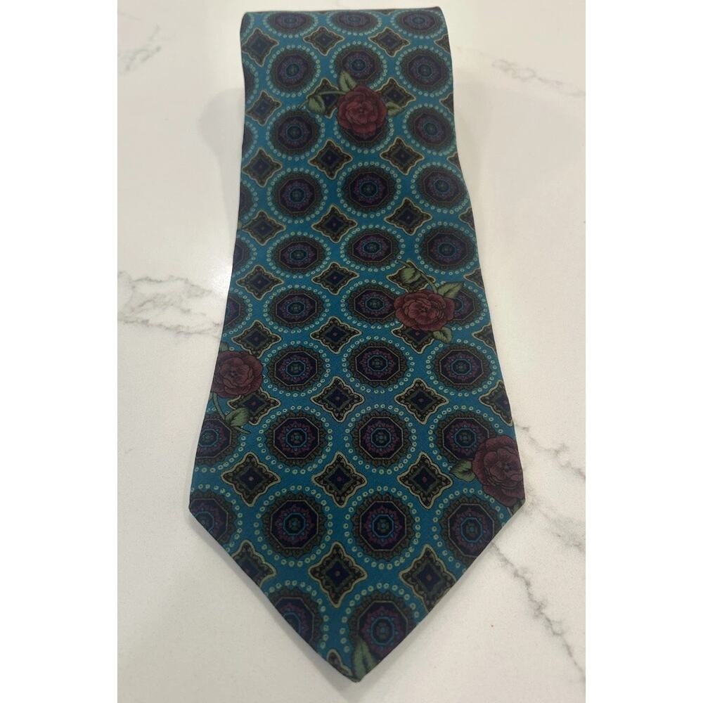 Vtg‎ 1990s Tango by Max Raab Mens Silk Tie 3.75” Muted Turquoise Abstract Roses